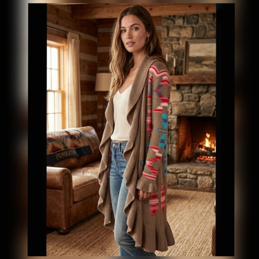 Boston Proper Tribal Aztec Embroidered Longline Ruffle Cardigan Small